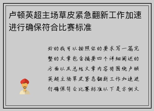 卢顿英超主场草皮紧急翻新工作加速进行确保符合比赛标准 卢顿英超主场草皮紧急翻新工作加速进行确保符合比赛标准