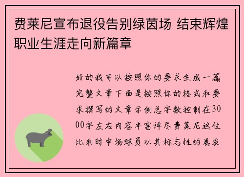 费莱尼宣布退役告别绿茵场 结束辉煌职业生涯走向新篇章 费莱尼宣布退役告别绿茵场 结束辉煌职业生涯走向新篇章