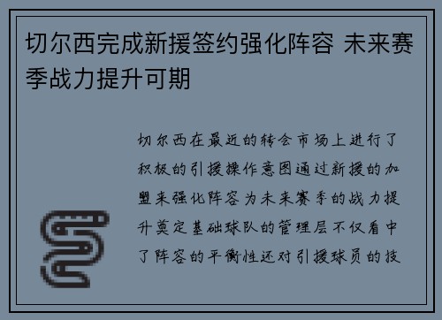 切尔西完成新援签约强化阵容 未来赛季战力提升可期 切尔西完成新援签约强化阵容 未来赛季战力提升可期